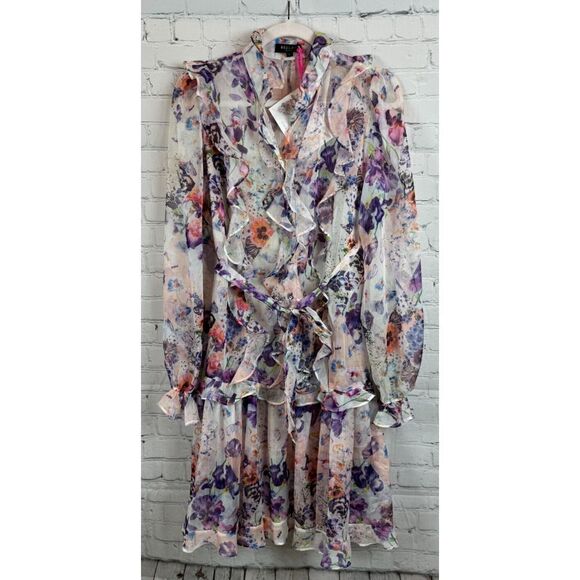 BEULAH STYLE cotton blend chiffon frill floral semi sheer shift belt dress L NWT - Picture 1 of 12